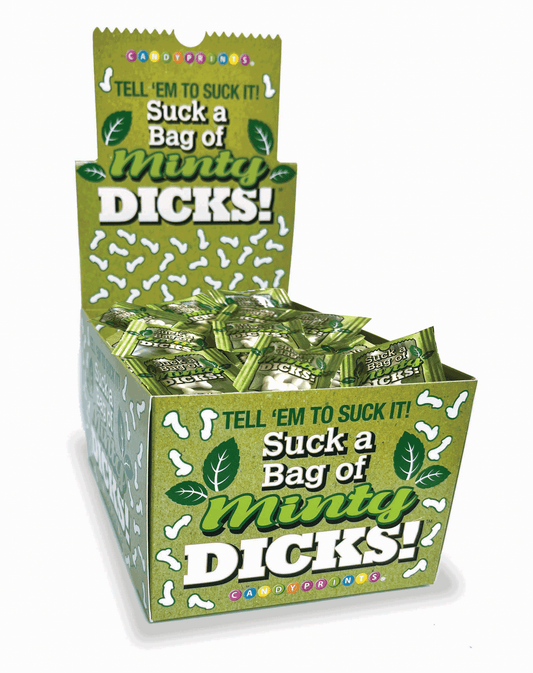 Box of minty candy packages with humorous text on a white background