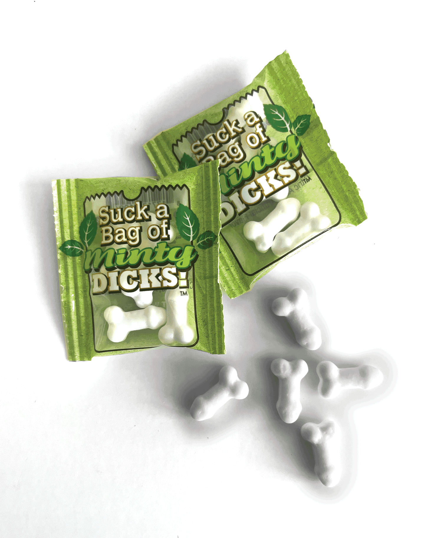 Green packages labeled 'Suck a Bag of Minty Dicks' with white candy pieces on a white background