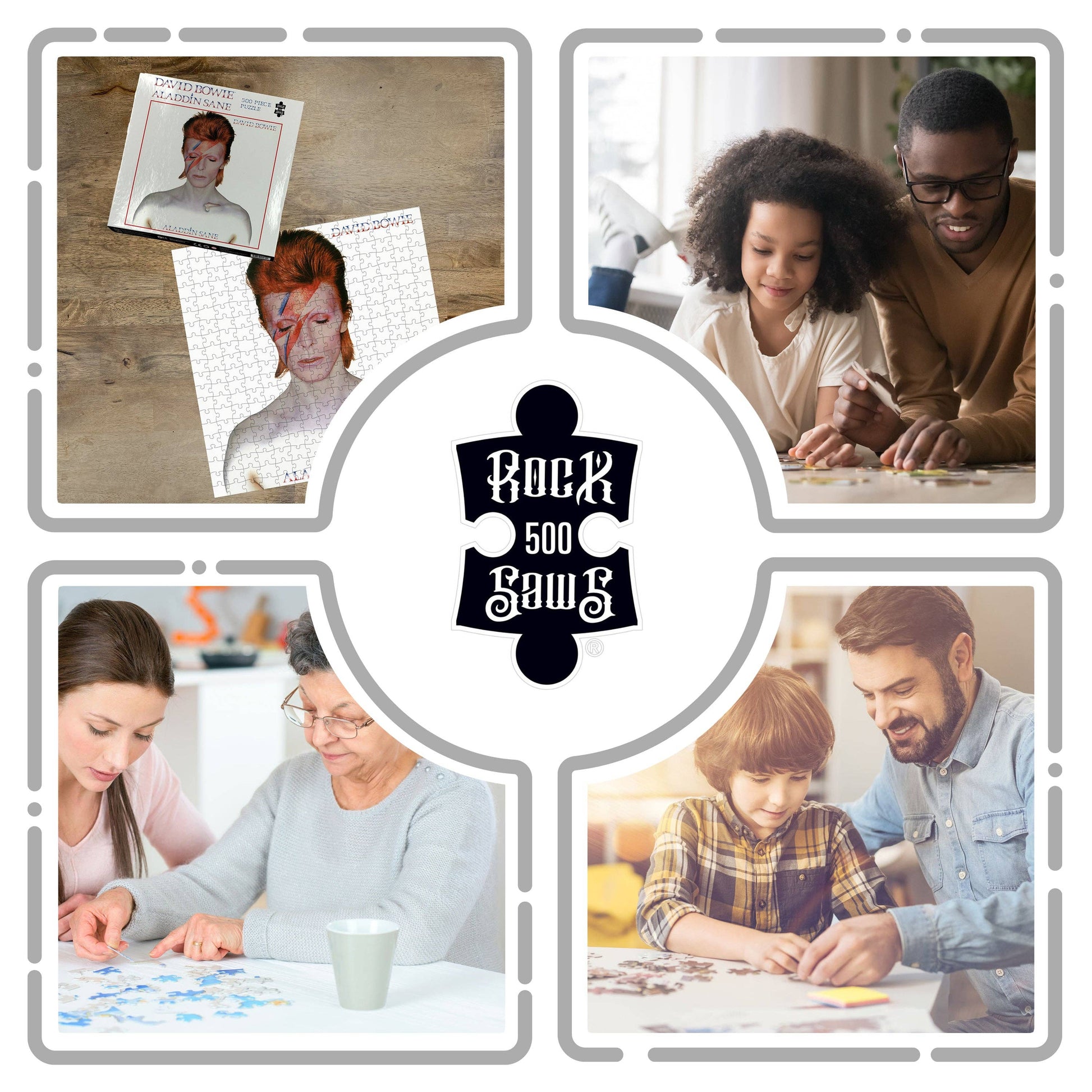 Collage of people engaging with puzzles, featuring the 'Rock 500 Saws' brand.