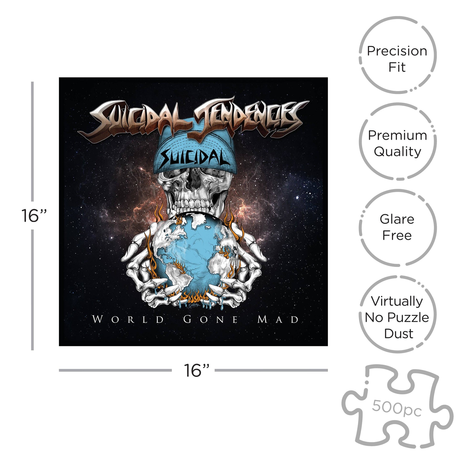 Jigsaw puzzle packaging for 'Suicidal Tendencies World Gone Mad' with product dimensions and features listed.