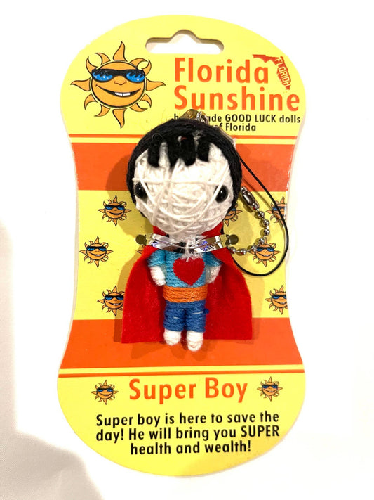 Superhero figurine with cape on a Florida Sunshine branded card