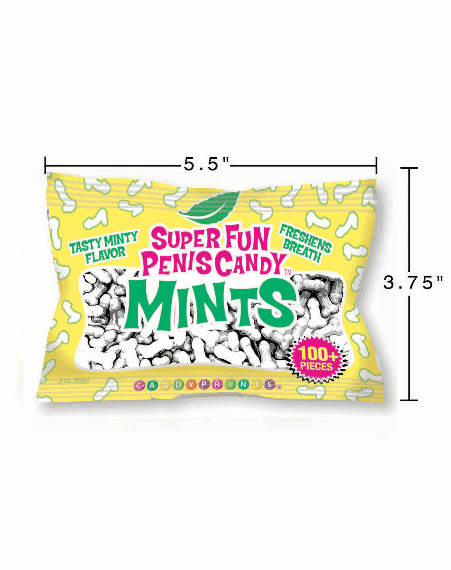 Package of 'Super Fun Penis Candy Mints' with dimensions on a white background