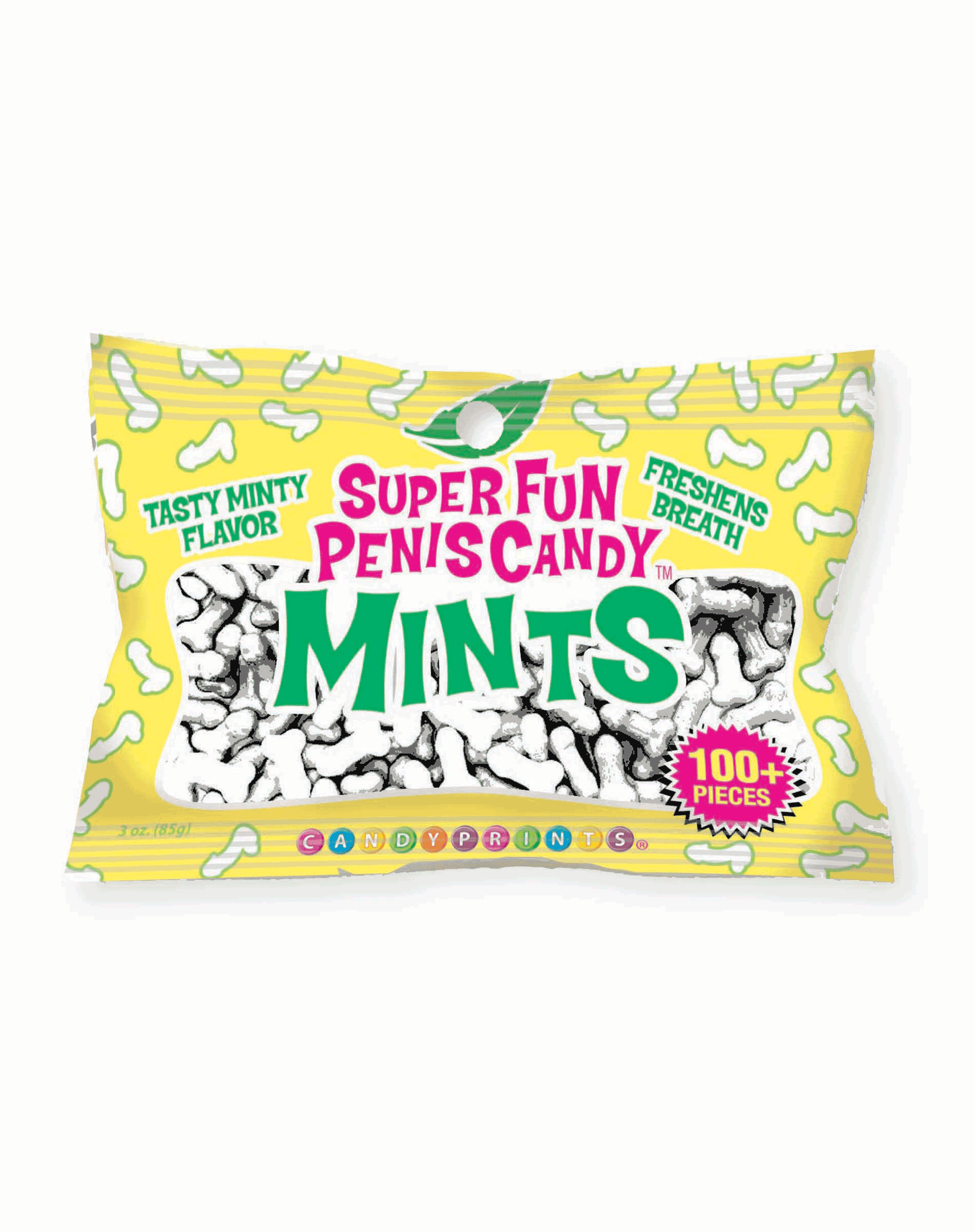 Pack of 'Super Fun Penis Candy Mints' with yellow packaging on a white background