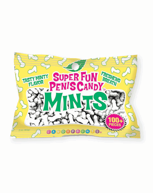 Pack of 'Super Fun Penis Candy Mints' with yellow packaging on a white background