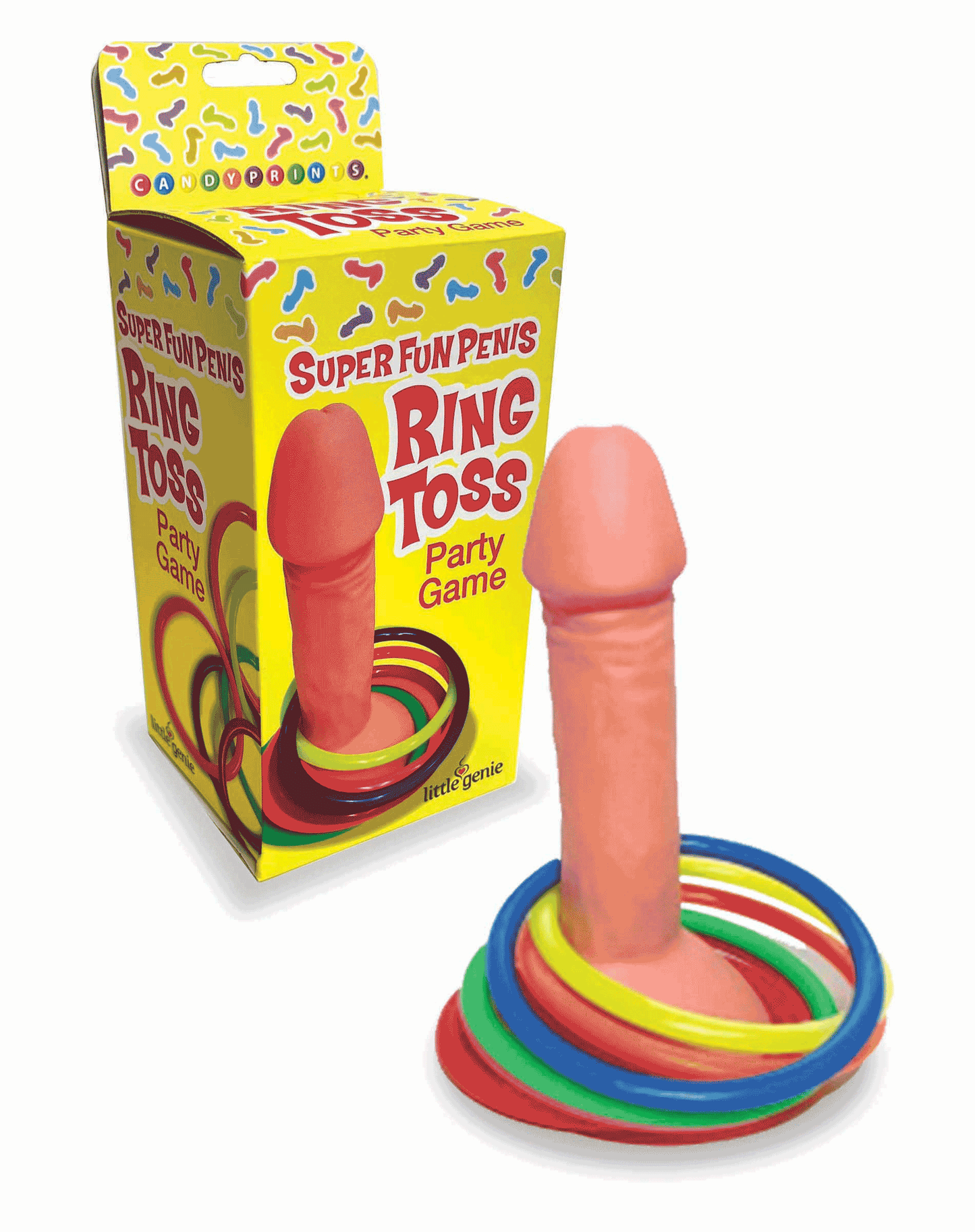 Ring toss game with colorful rings and packaging on a white background