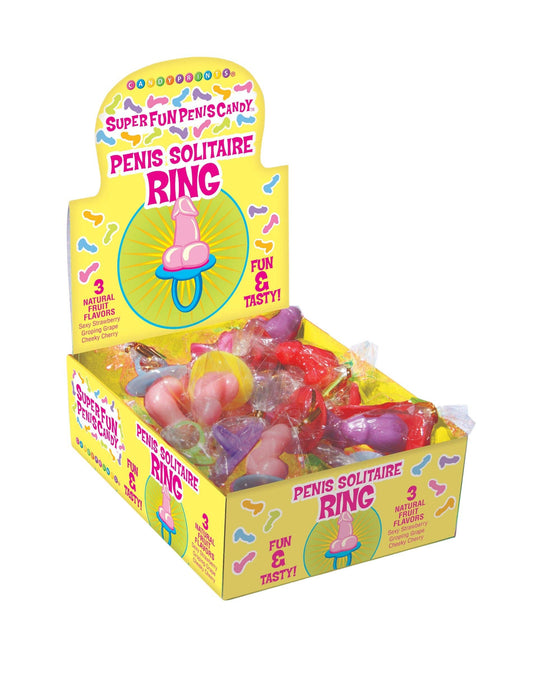 Box of candy labeled 'Penis Solitaire Ring' with colorful packaging on a white background