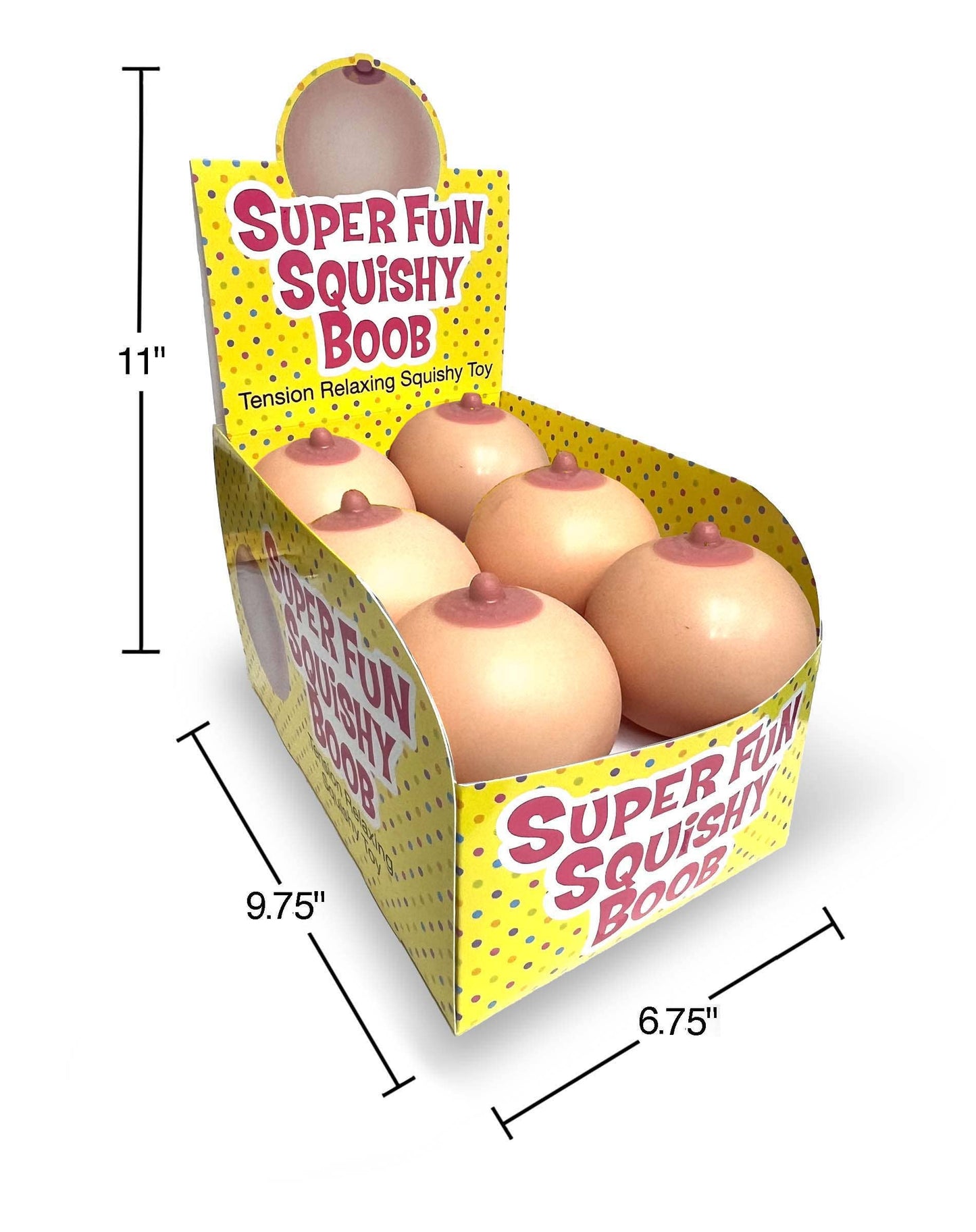 Display box of 'Super Fun Squishy Boob' toys with dimensions indicated.