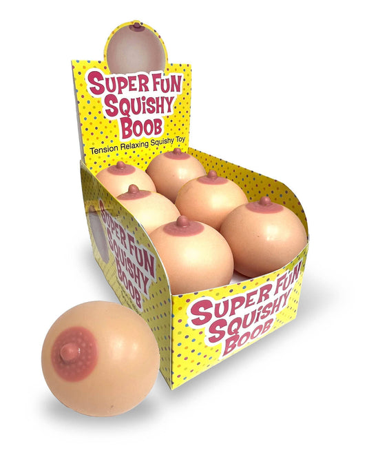 Box of 'Super Fun Squishy Boob' toys with packaging on a white background