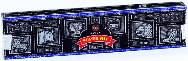 Box of Satya Super Hit Incense Sticks with brand logo and product images on a black background