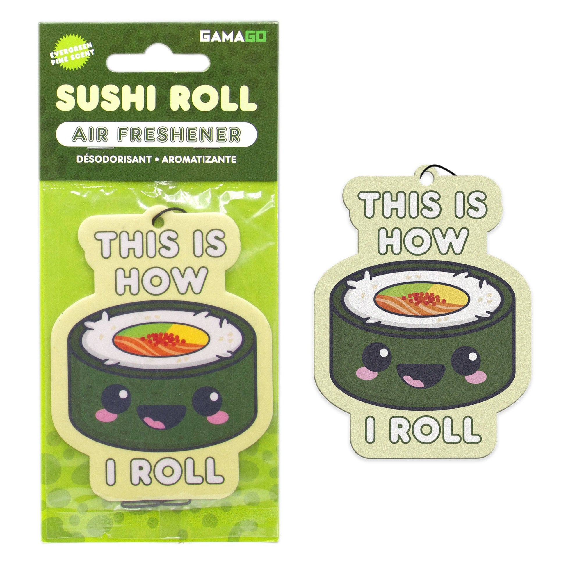 Sushi roll air freshener with packaging on a white background