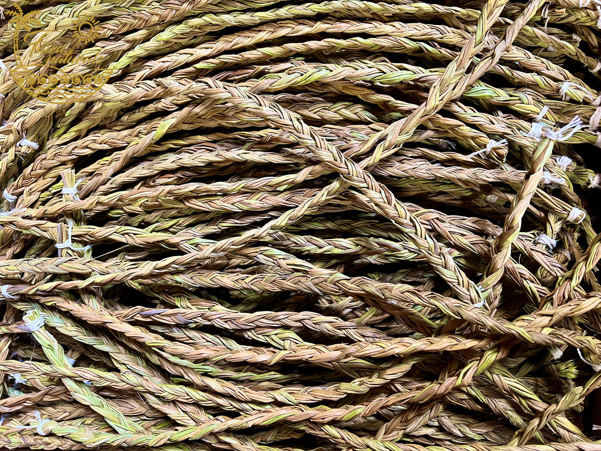 Close-up of braided rope with a natural fiber texture