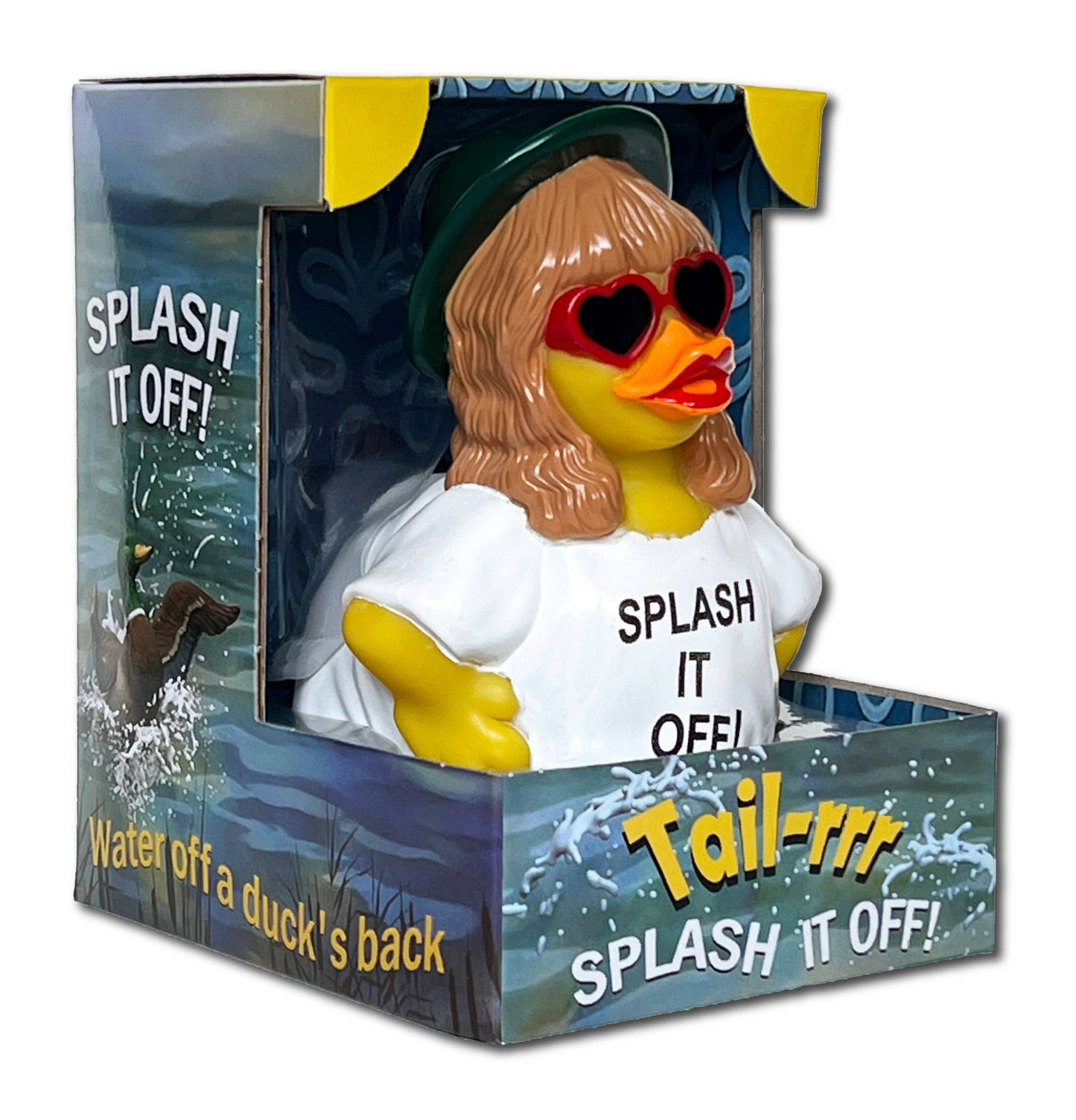 Rubber duck with sunglasses and a shirt in packaging with text 'Splash It Off! Tail-rrr Splash It Off!'