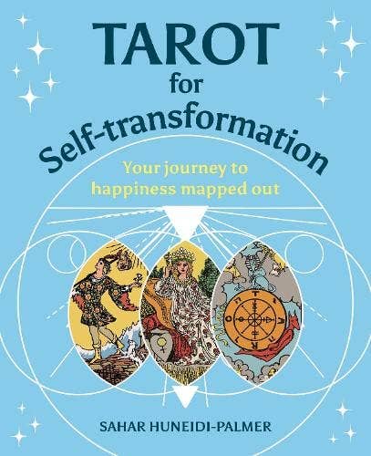 Book cover of 'Tarot for Self-Transformation' with tarot card designs on a blue background.