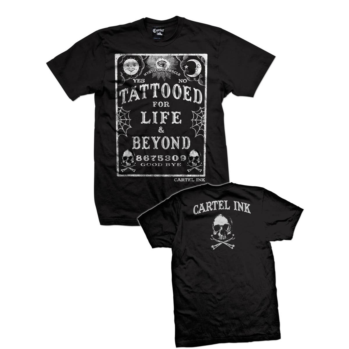 Black t-shirt with white graphic design and 'Cartel Ink' branding on a white background