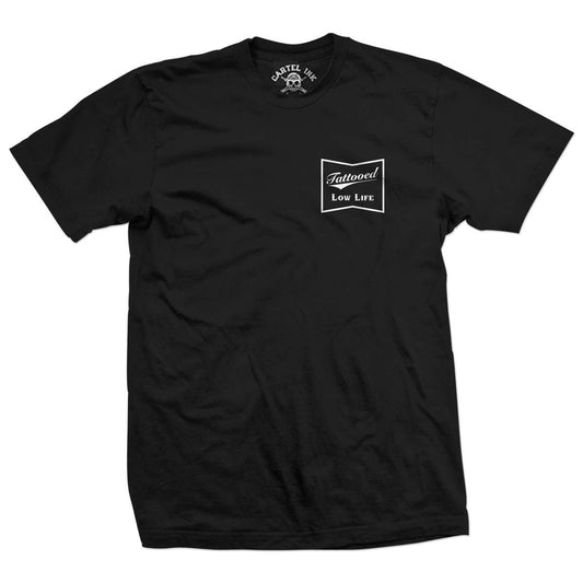 Black t-shirt with a logo on the chest against a white background