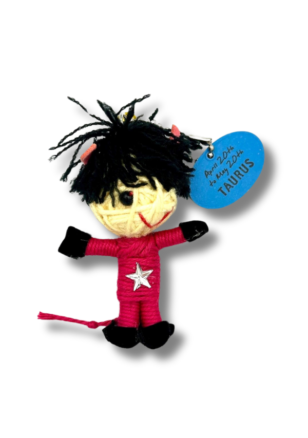 Plush Taurus Voodoo Dolls - Zodiac - Keychain on a blue and black packaging
