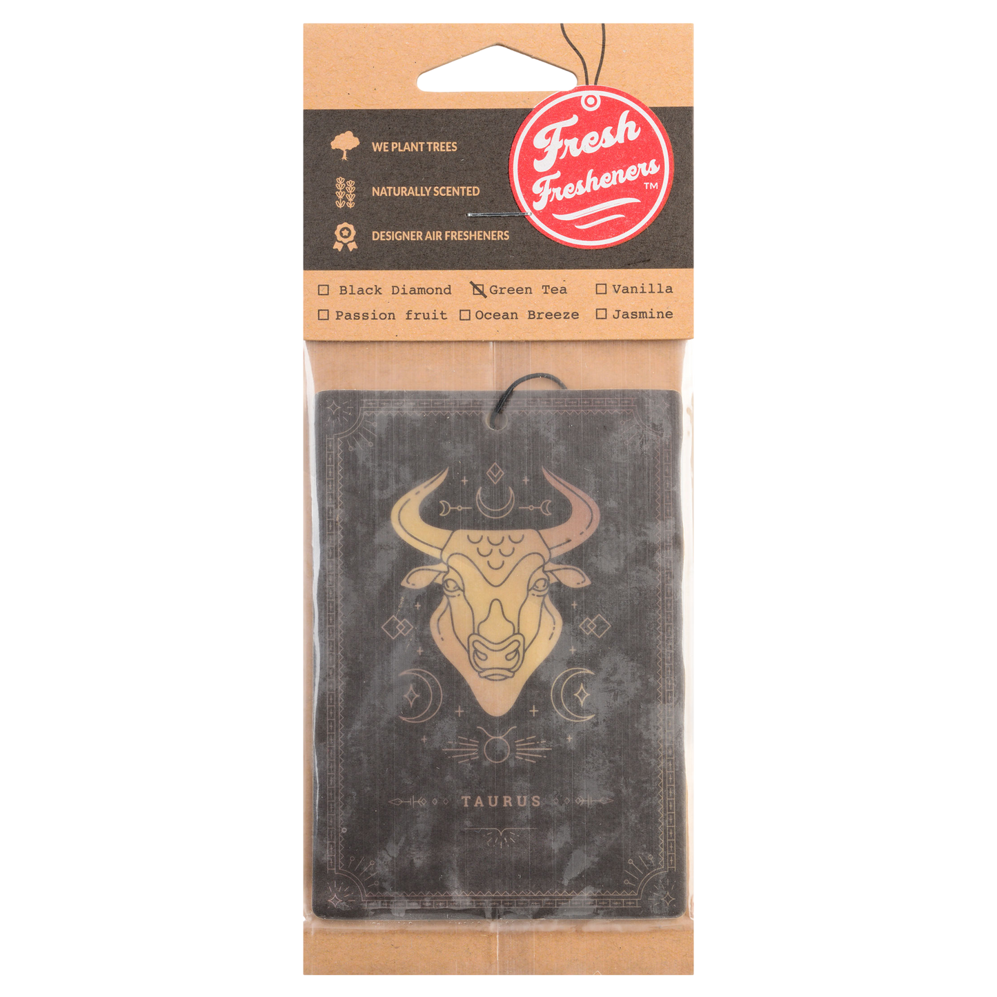 Packaged air freshener with bull design and 'Fresh Fresheners' branding on a white background