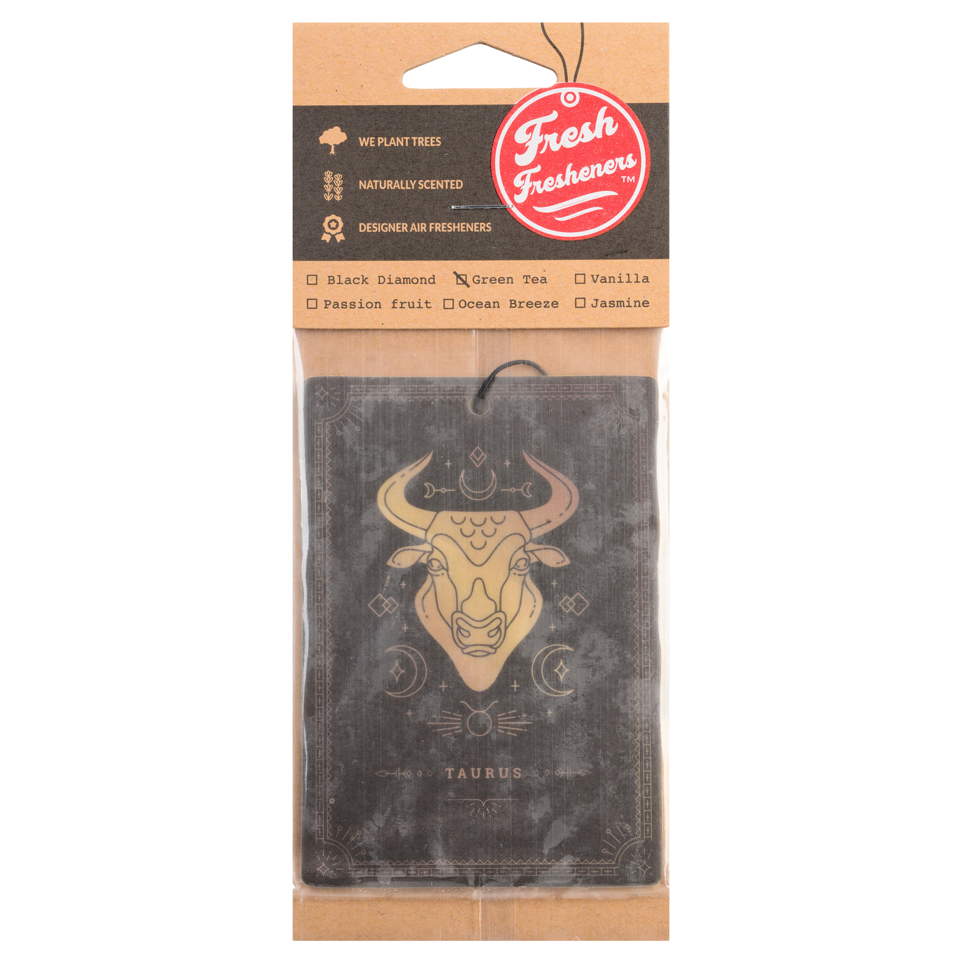 Packaged air freshener with bull design and 'Fresh Fresheners' branding on a white background