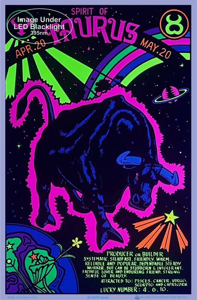 Zodiac-themed poster for Taurus with a blacklight reaction design.
