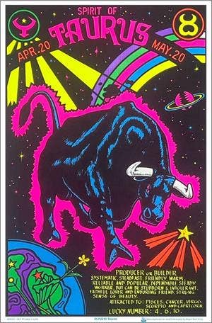 Stylized illustration of a bull with colorful border and text about Taurus, on a dark background.