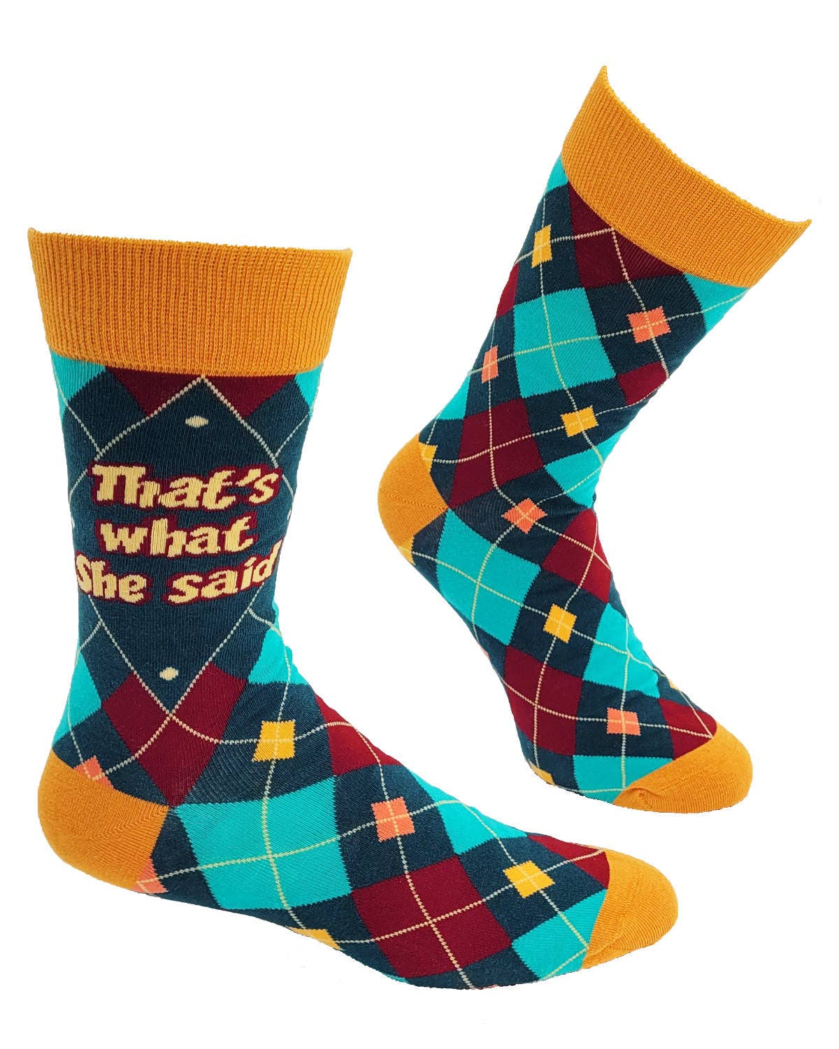 Colorful socks with geometric pattern and text on a white background