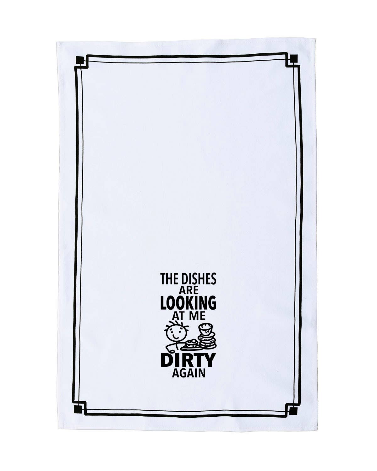 White towel with black text and graphic design on a white background