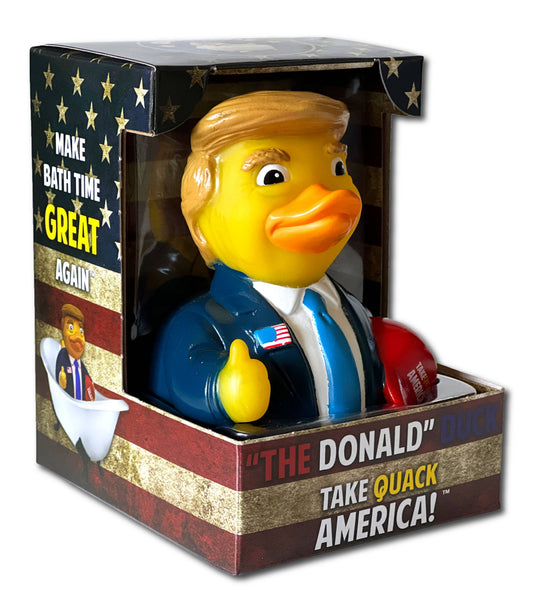 Rubber duck with a political theme packaging