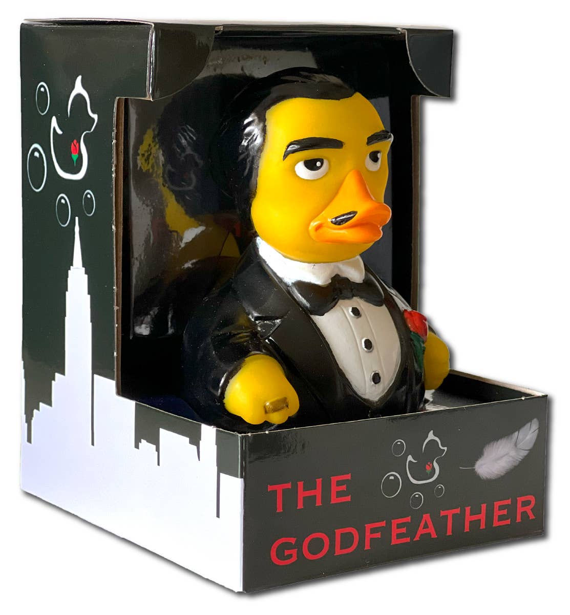 Rubber duck shaped like a character from 'The Godfather' in packaging with branding.