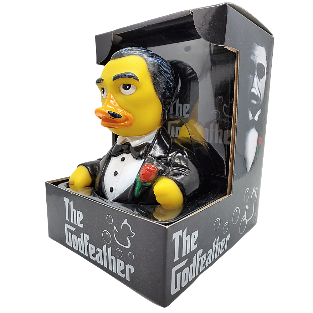 Duck figurine in a tuxedo with 'The Godfather' branding in packaging