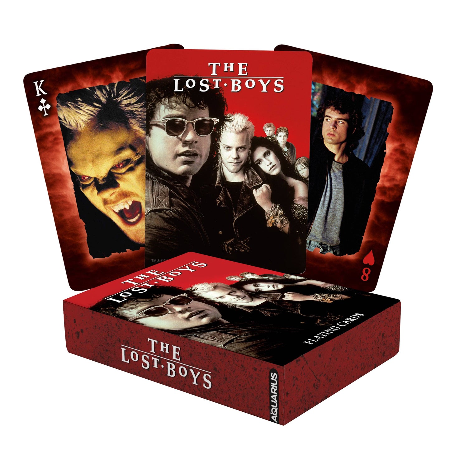 Playing cards themed after 'The Lost Boys' with character images on red background