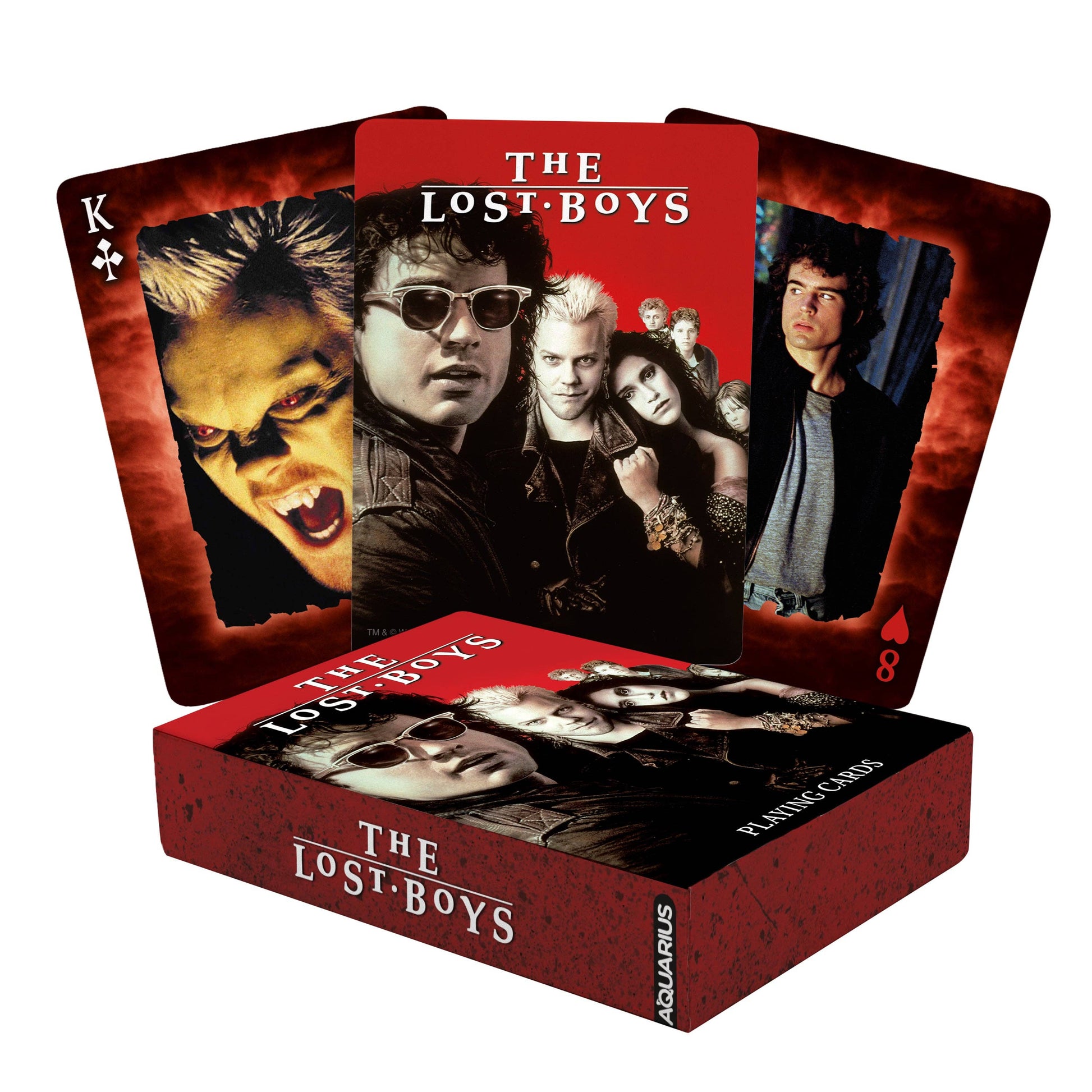 Playing cards themed after 'The Lost Boys' with character images on red background