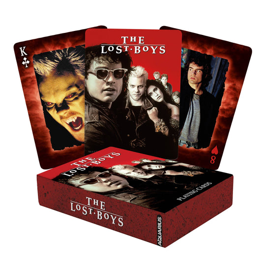 Playing cards themed after 'The Lost Boys' with character images on red background