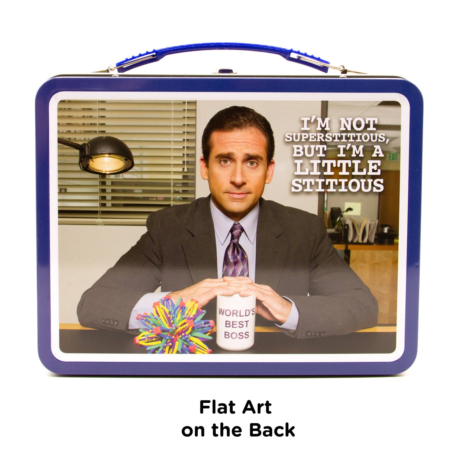 Tin lunch box with a character from a TV show and humorous text on the back