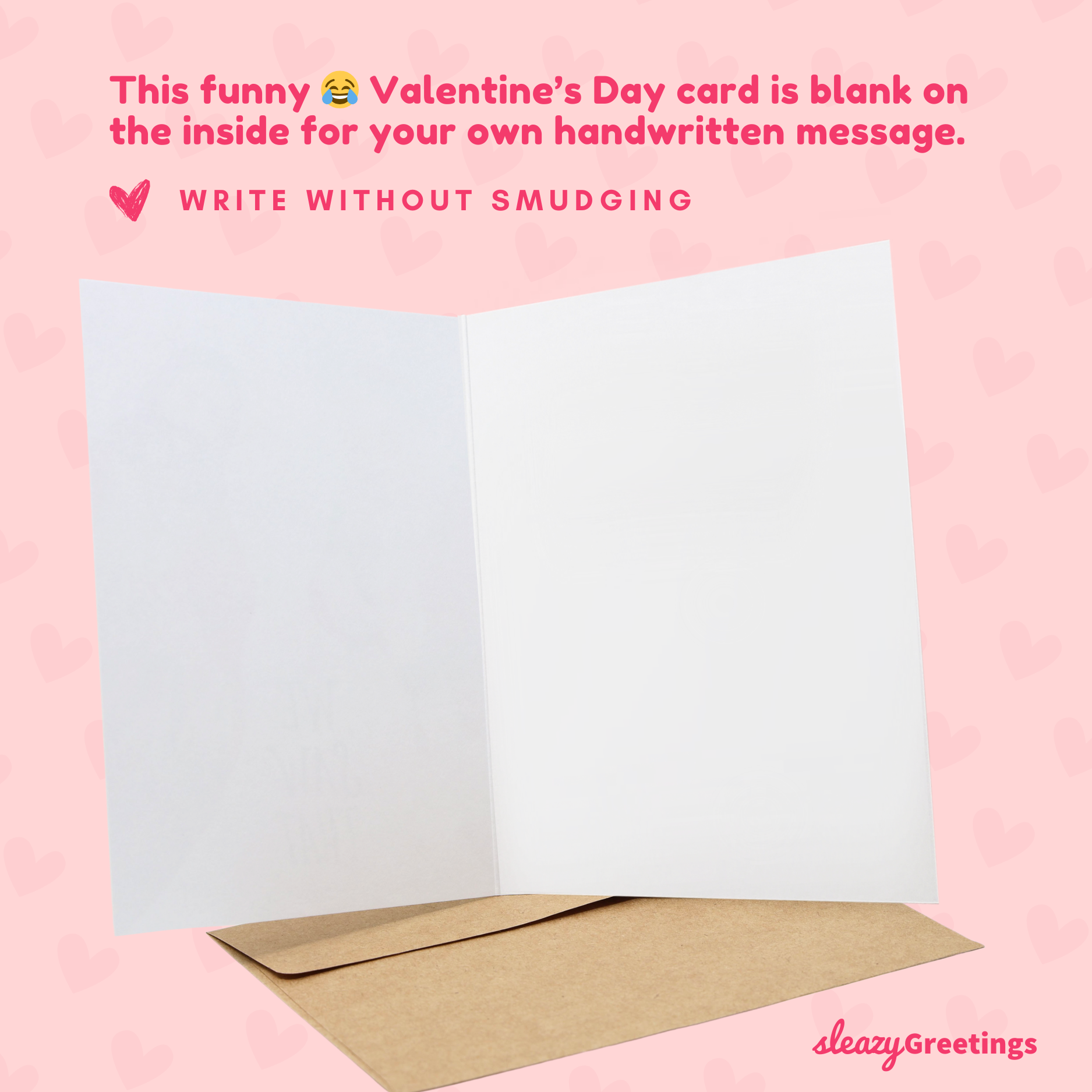 Valentine's Day card with a pink background and text inviting handwritten messages.