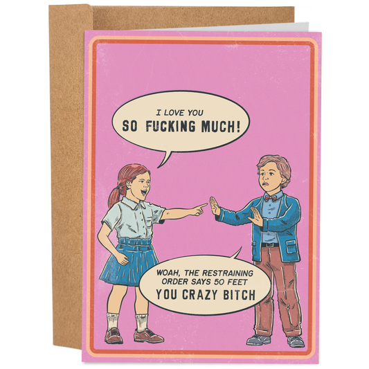 Card with illustration of two people and text on a pink background
