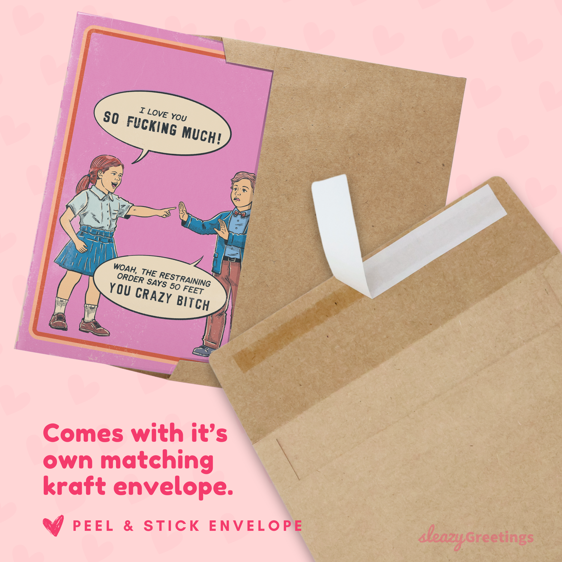 Card with graphic content and matching kraft envelope on a pink background