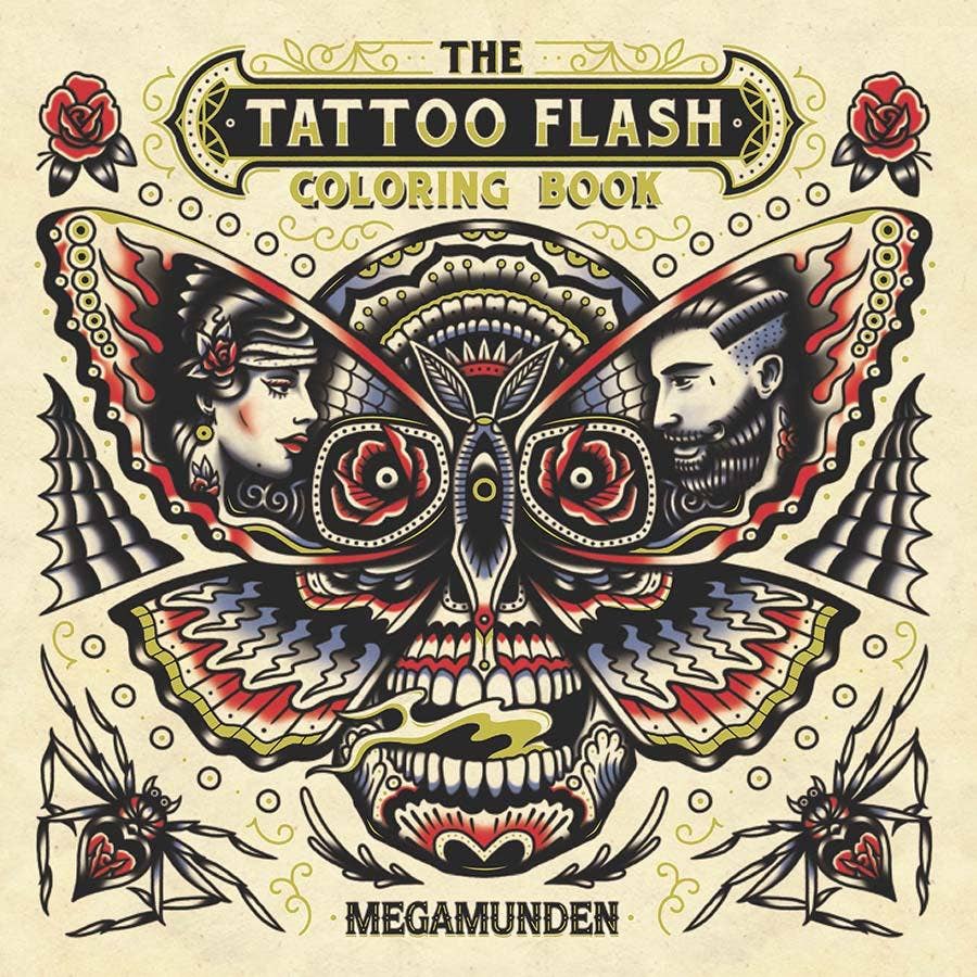 Cover of 'The Tattoo Flash Coloring Book' by Megamunden featuring a stylized skull and faces design.