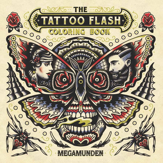 Cover of 'The Tattoo Flash Coloring Book' by Megamunden featuring a stylized skull and faces design.