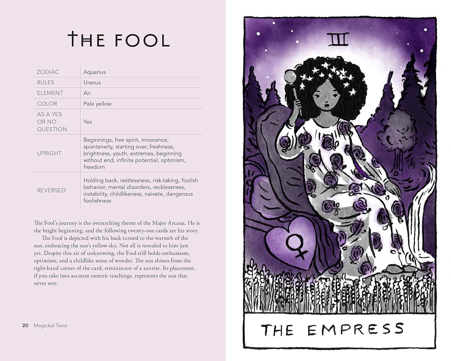 Illustration of 'The Fool' from a tarot card deck with descriptive text on the left.