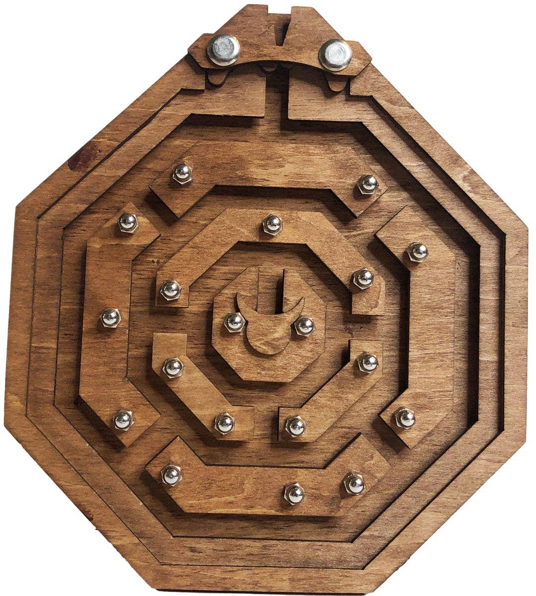 Wooden maze puzzle with metal knobs on a white background