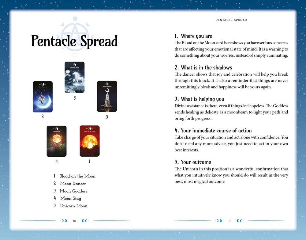 Pentacle Spread tarot card layout with card placements and interpretations on a blue background.