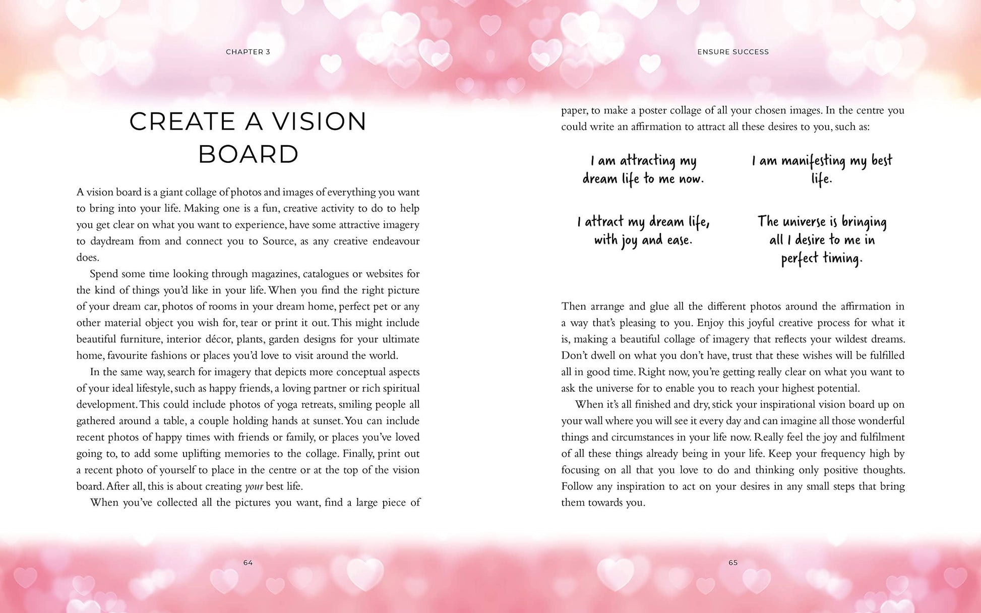 Book page with text on creating a vision board on a pink background