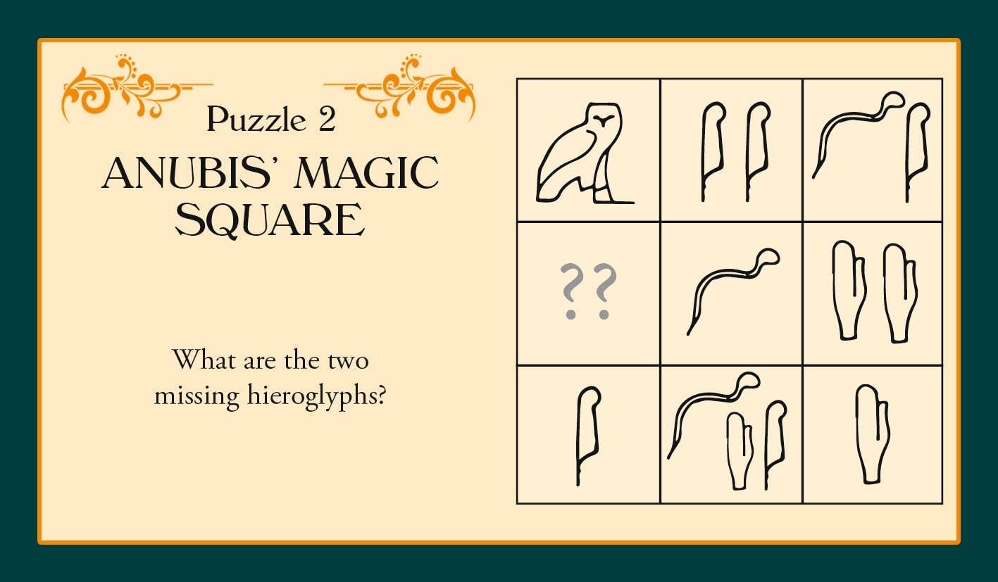 Anubis' Magic Square puzzle with hieroglyphs on a beige background