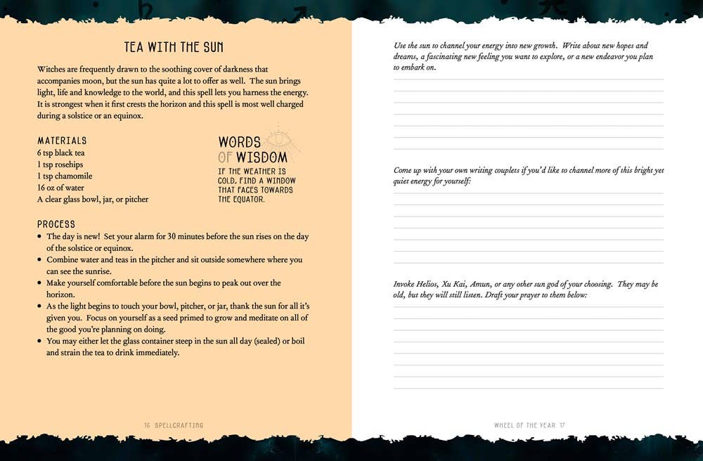 Spellbook page with text on tea with the sun ritual