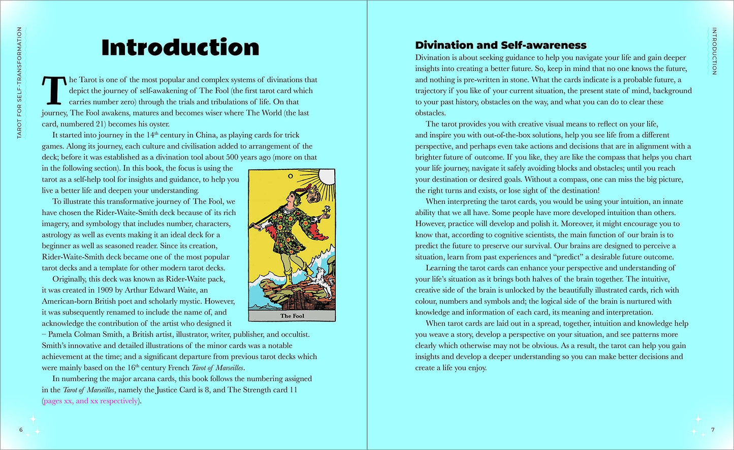 Book open to a page with text and a tarot card illustration on a light blue background
