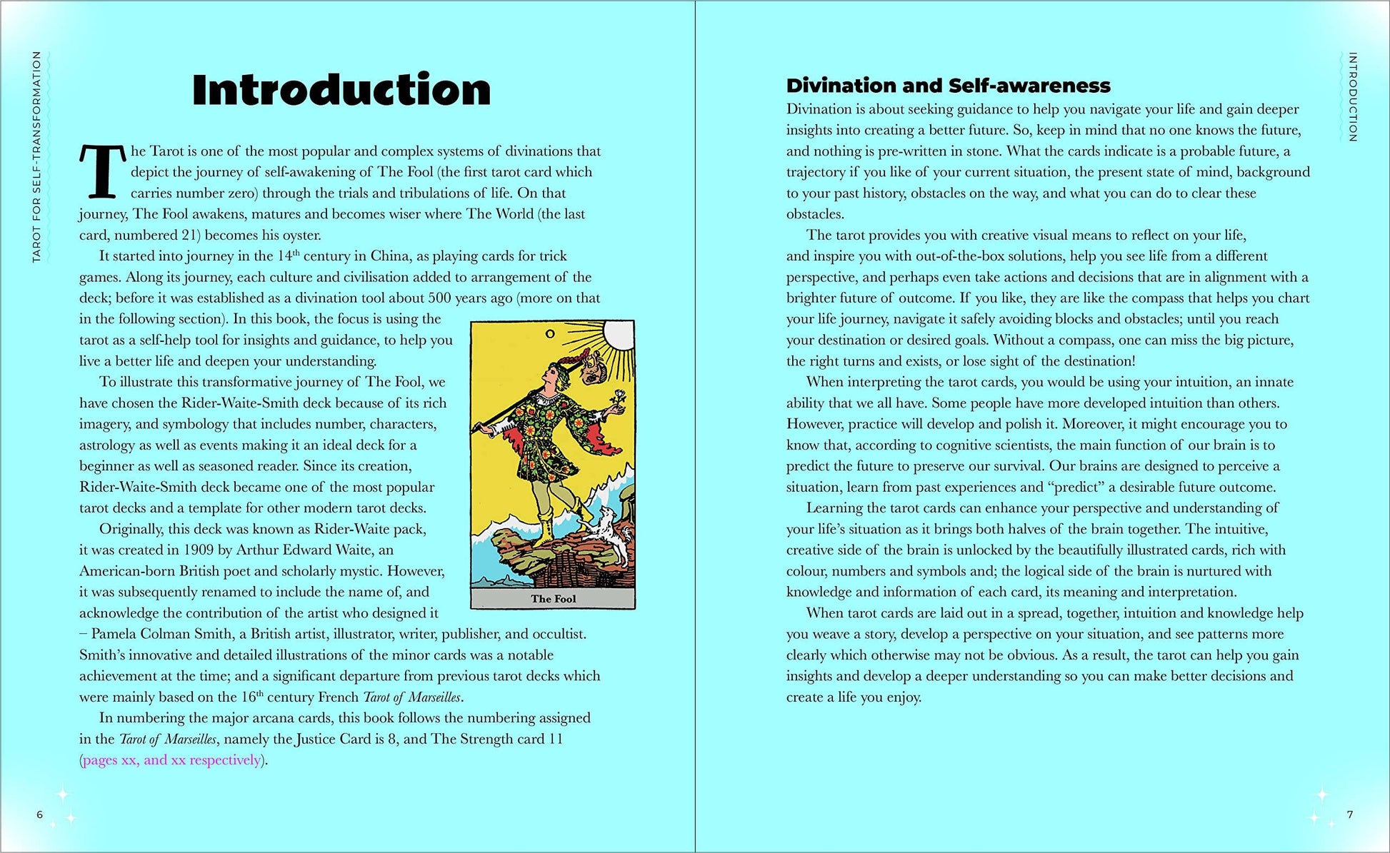 Book open to a page with text and a tarot card illustration on a light blue background