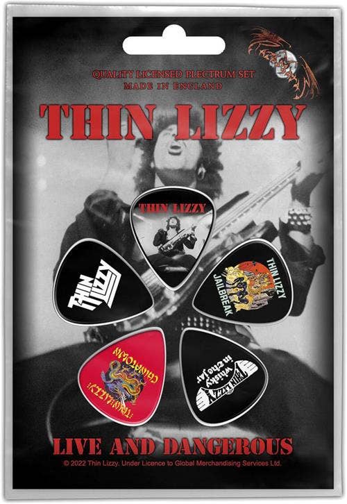 Thin Lizzy guitar pick set packaging with black and white photo of a musician and guitar.