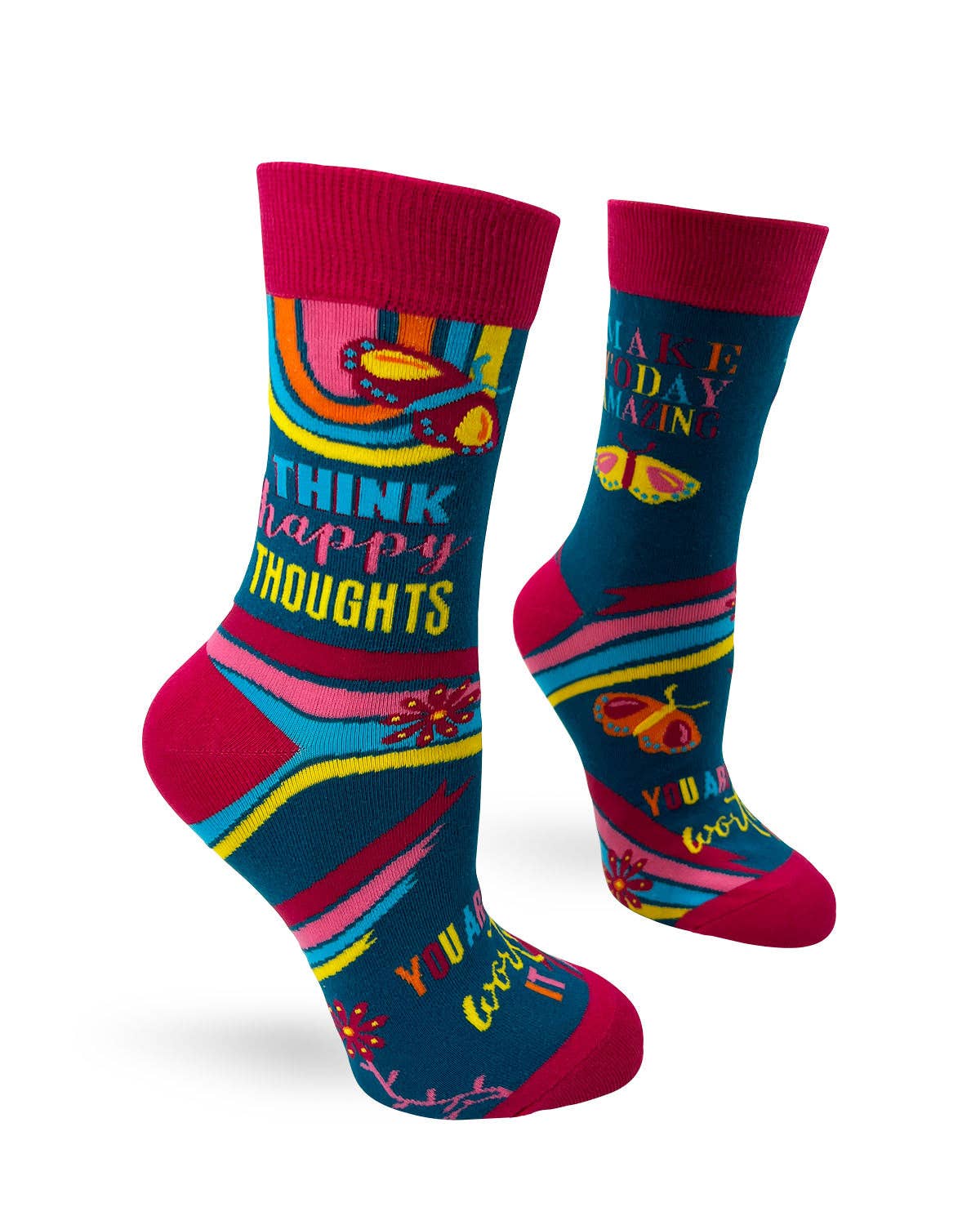 Colorful socks with text and patterns on a white background