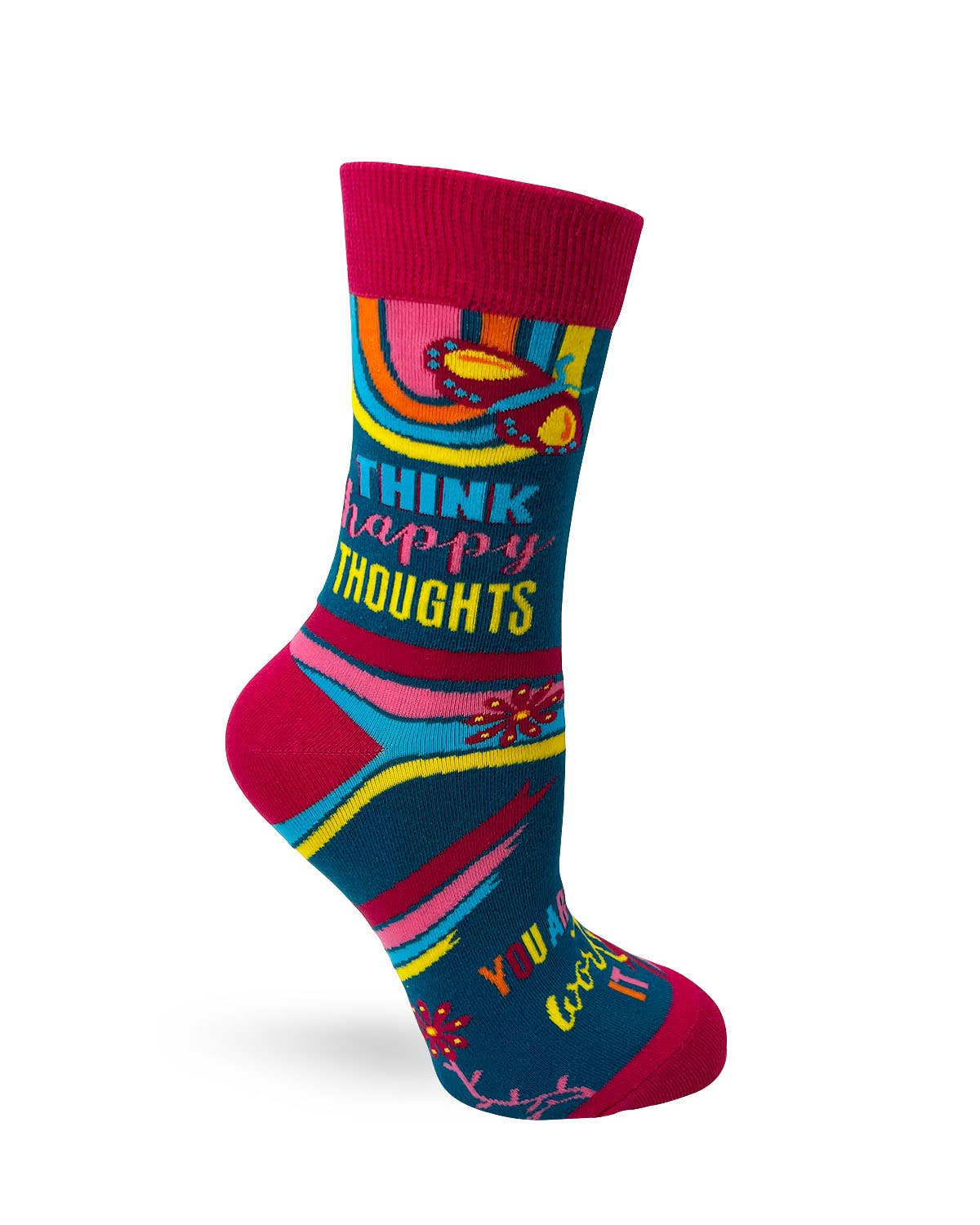 Colorful sock with text 'Think happy thoughts' on a white background