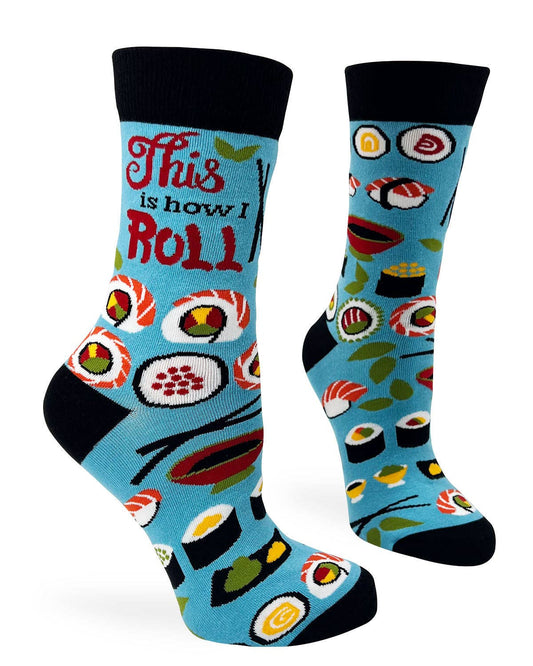 Socks with sushi design and text 'This is how I roll' on a blue background